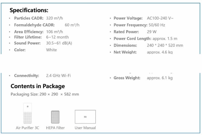 Xiaomi air purifier 3c on sale spec