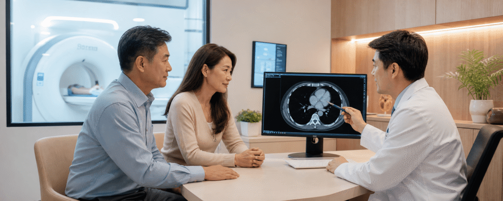 คู่สามีภรรยาวัยกลางคนคุยกับแพทย์เรื่อง CT Calcium Score ในศูนย์ตรวจหัวใจ