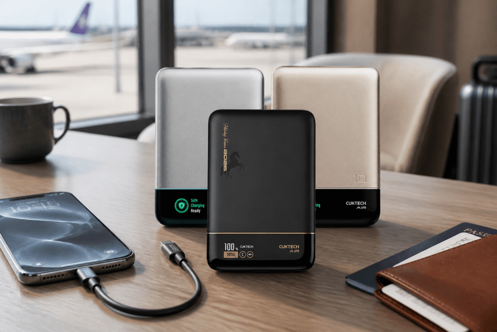 CUKTECH AIR PB200N power bank charging a phone on an airport lounge table for travel fast charging