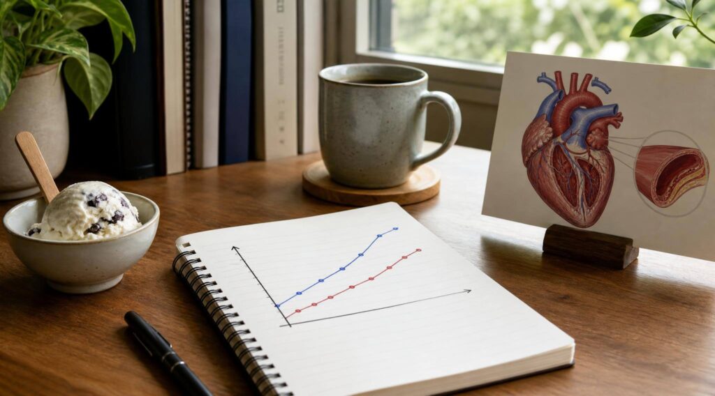 ภาพอธิบาย correlation กับ causation โดยมีกราฟ ไอศกรีม และแผนภาพหัวใจสำหรับบทความเรื่องวัคซีนโควิด ลิ่มเลือด หัวใจ และสโตรก