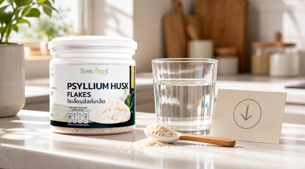 Psyllium Husk Flakes แบรนด์ไร่พระจันทร์พร้อมแก้วน้ำและสัญลักษณ์ LDL ลดลง สำหรับบทความเรื่องใยอาหารช่วยลด LDL